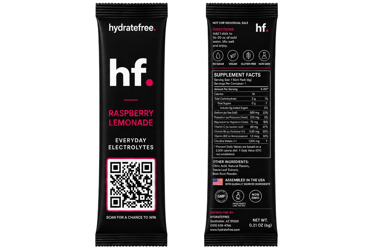 hydratefree electrolyte stick pack front and back